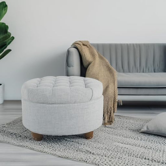 Home Decor | Button Tufted Woven round Storage Ottoman | Ottoman with Storage for Living Room & Bedroom (Light Blue)